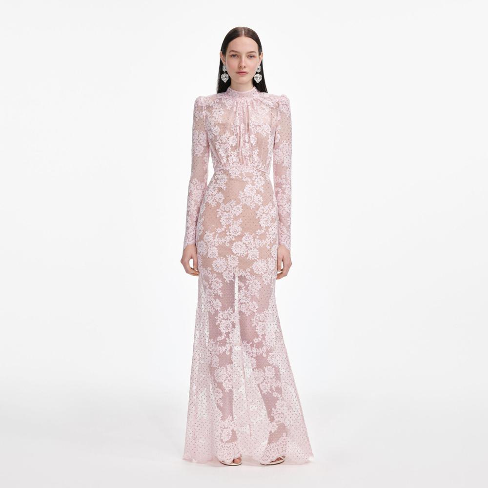 SP VIP PRICE Pale Pink Rhinestone Lace Maxi Dress