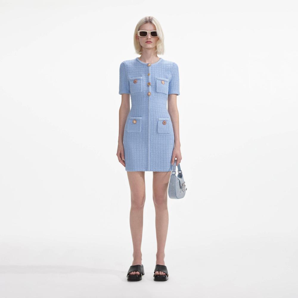 SELF PORTRAIT VIP SS24 Blue Jewel Button Knit Mini Dress