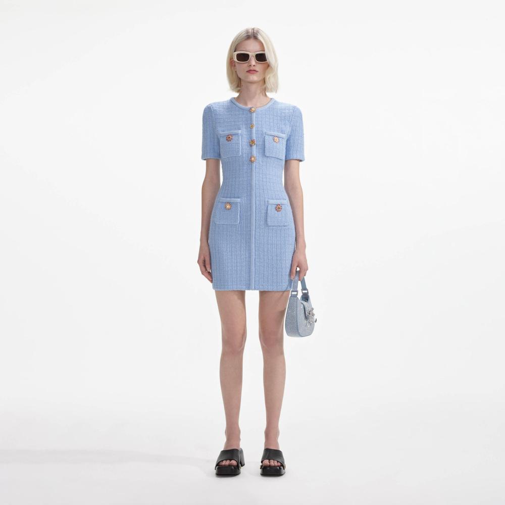 SELF PORTRAIT SS24 Blue Jewel Button Knit Mini Dress