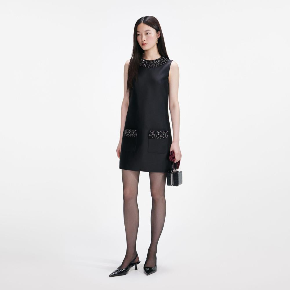 SP VIP PRICE Black Taffeta Embellished Trim Mini Dress