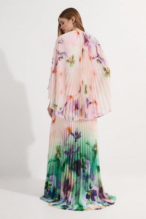 Karen Millen UK SALE Pleated Floral Cape Sleeve Plunge Neck Woven Maxi Dress