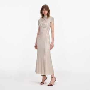SP VIP PRICE Champagne Rhinestone Mesh Cut Out Midi Dress