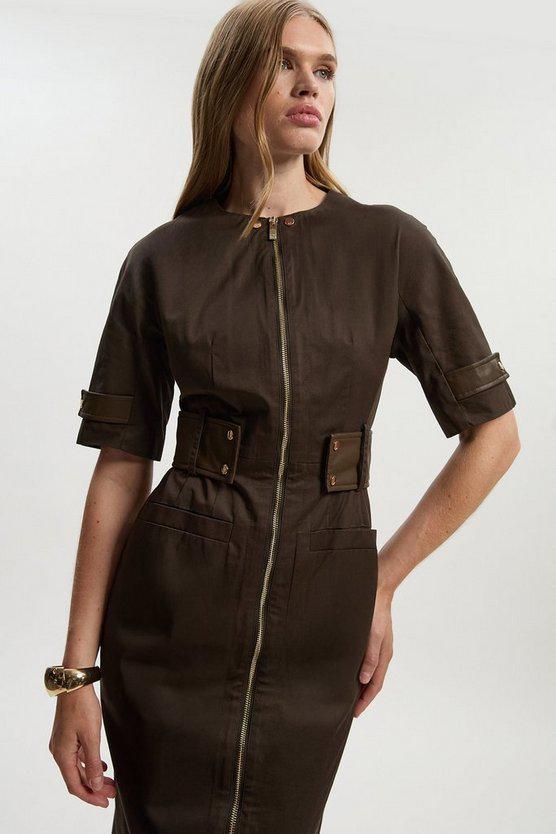Karen Millen UK SALE Cotton & Faux Leather Tab Utility Midi Dress - chocolate