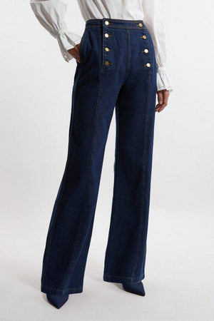Karen Millen UK SALE Denim Tailored Button Front Straight Leg Jeans - indigo