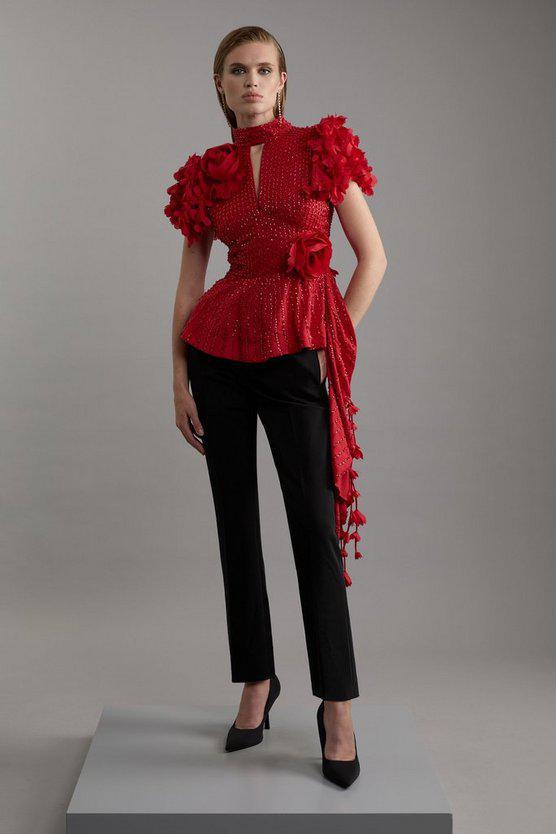 Karen Millen UK SALE Crystal Embellished Applique Woven Peplum Top - red