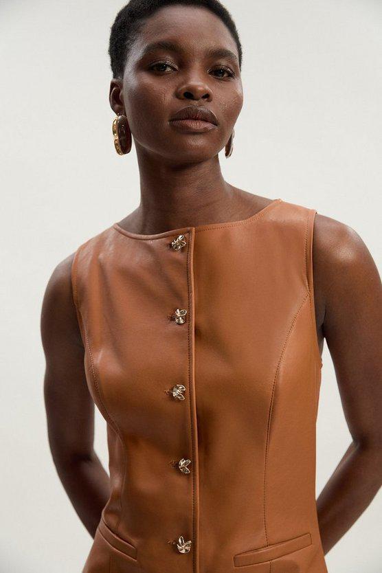 Karen Millen UK SALE Faux Leather Button Detail Midi Pencil Dress - camel