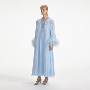 SELF PORTRAIT SS24 Blue Chiffon Feather Midi Dress