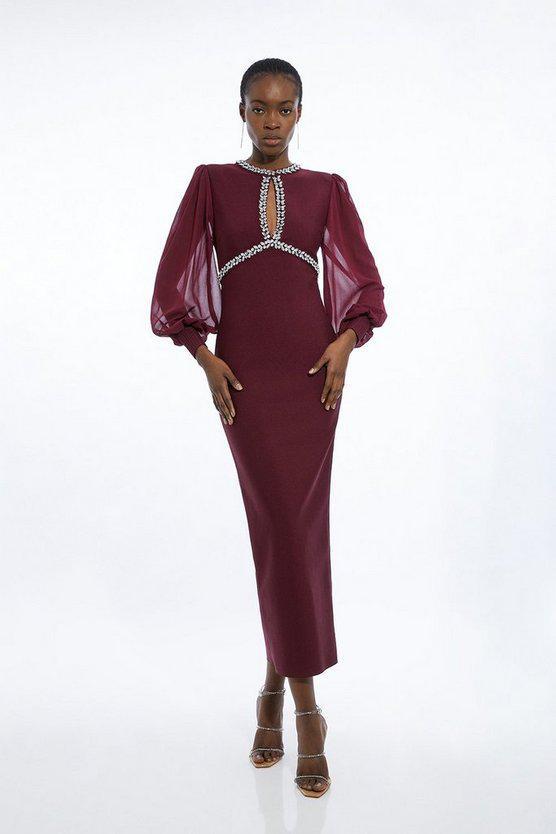 Karen Millen UK SALE Embellished And Chiffon Sleeve Figure Form Knit Midaxi Dress - burgundy