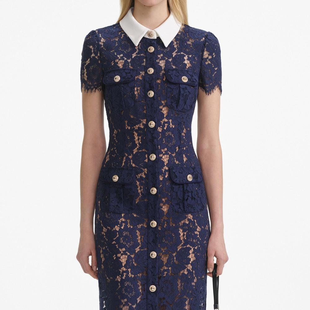 SP VIP PRICE Navy Lace Contrast Collar Midi Dress