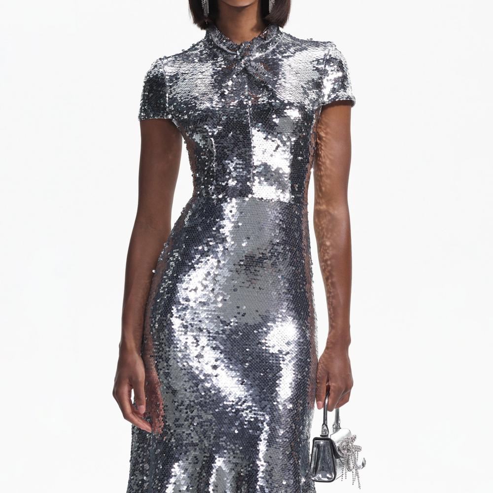 SELF PORTRAIT BLACK FRIDAY SALE Silver Sequin Twist Neck Midi Dress