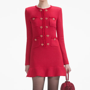 SELF PORTRAIT SS24 Red Knit Heart Buttoned Mini Dress