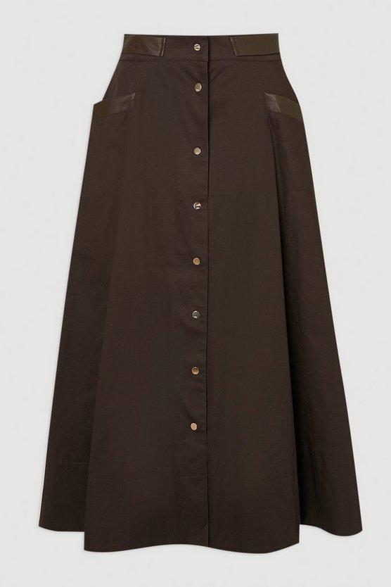Karen Millen UK SALE Cotton & Faux Leather Tab Full Maxi Skirt - chocolate