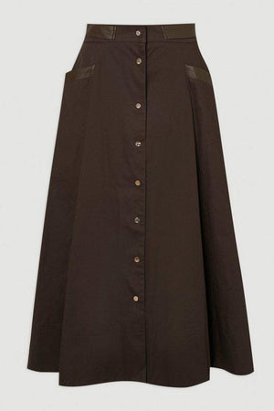 Karen Millen UK SALE Cotton & Faux Leather Tab Full Maxi Skirt - chocolate