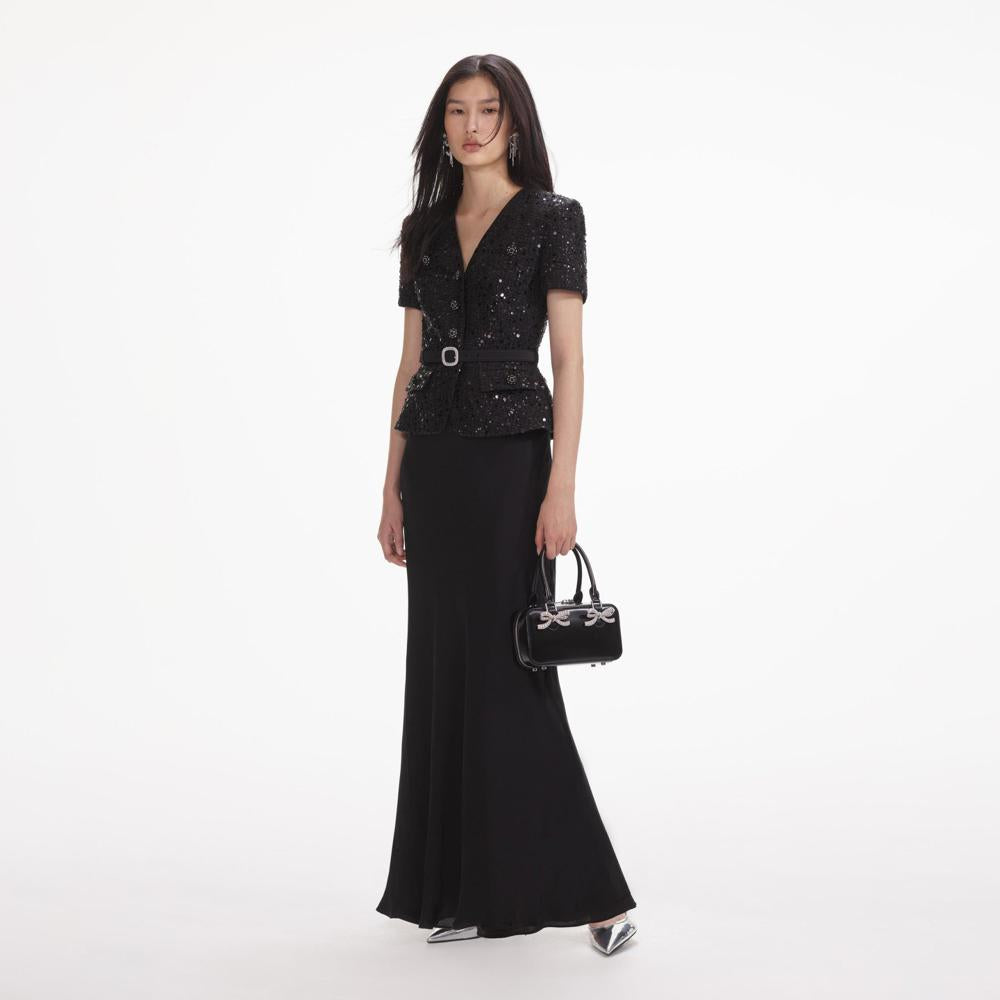 SELF PORTRAIT SS24 Black Sequin Boucle Maxi Dress