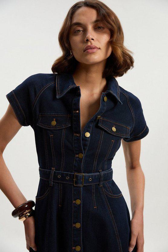 Karen Millen UK SALE Denim Corset Waist Detail Full Midi Dress