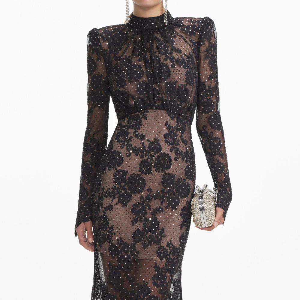 SELF PORTRAIT SS24 Black Rhinestone Lace Maxi Dress