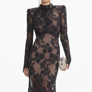 SELF PORTRAIT VIP SS24 Black Rhinestone Lace Maxi Dress