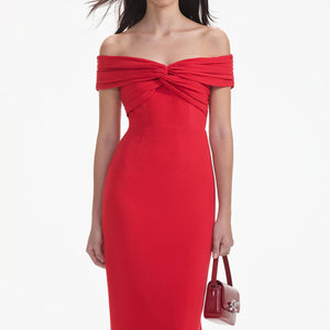 SELF PORTRAIT SS24 Red Off Shoulder Midi Dress