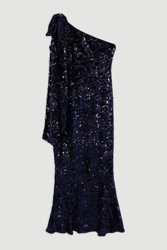 Karen Millen UK SALE Velvet Sequin One Shoulder Woven Maxi Dress - navy