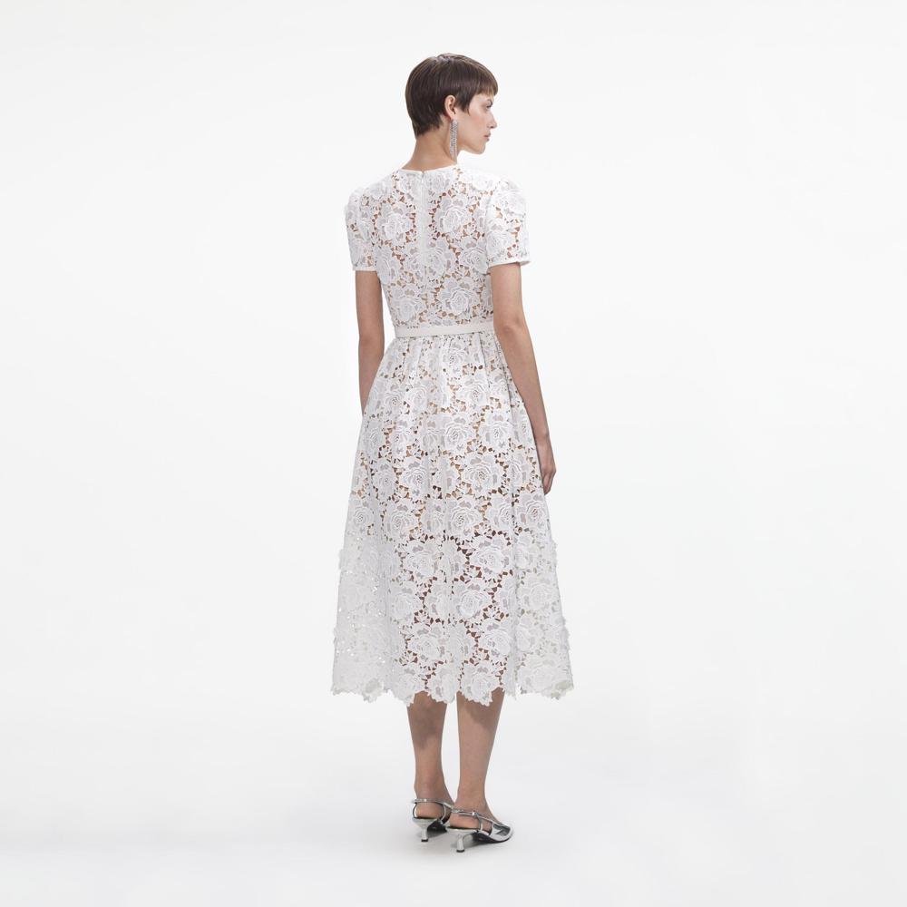 SELF PORTRAIT SS24 White Floral Lace Midi Dress