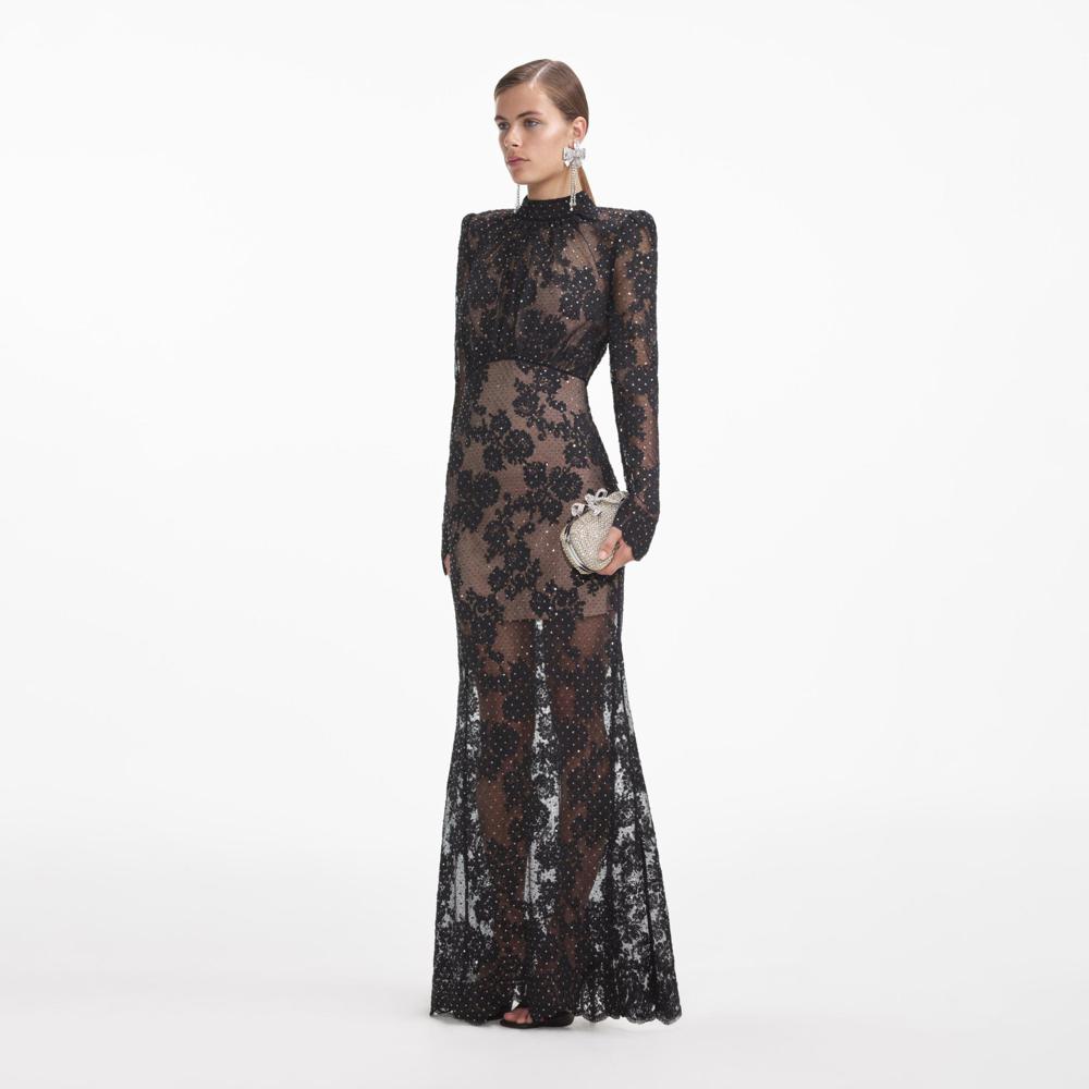 SELF PORTRAIT SS24 Black Rhinestone Lace Maxi Dress