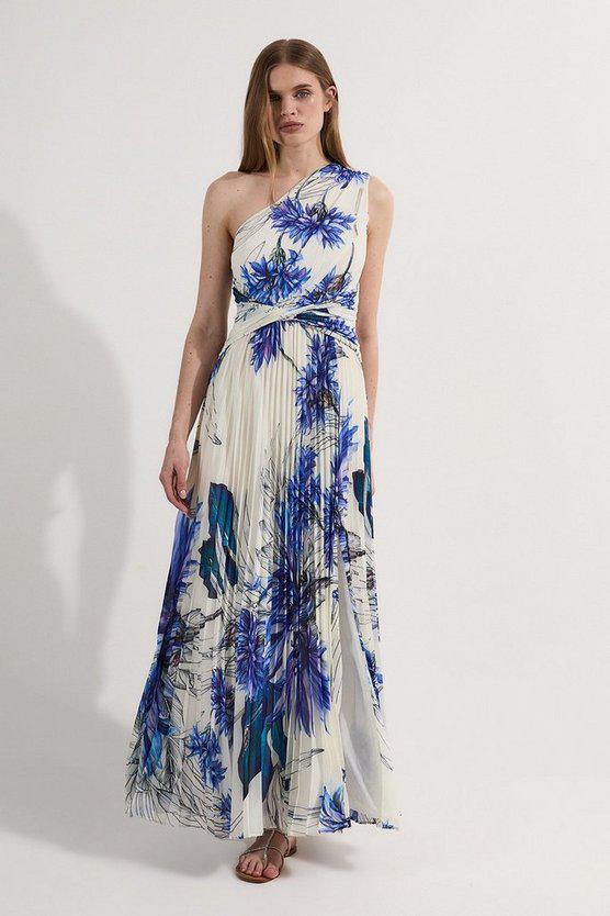 Karen Millen UK SALE Floral Pleated Crinkle One Shoulder Woven Maxi Dress