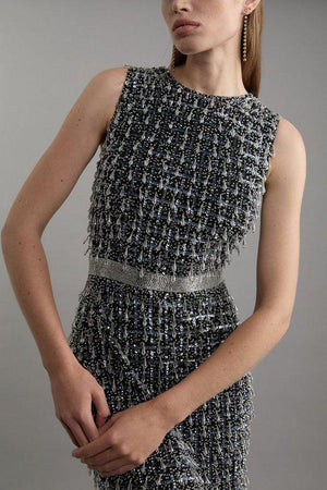 Karen Millen UK SALE Petite Embellished Woven Midi Dress - gun metal