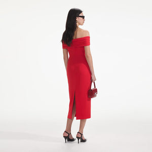 SELF PORTRAIT SS24 Red Off Shoulder Midi Dress