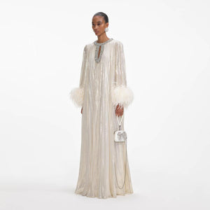 SELF PORTRAIT VIP SS24 Gold Metallic Feather Maxi Dress