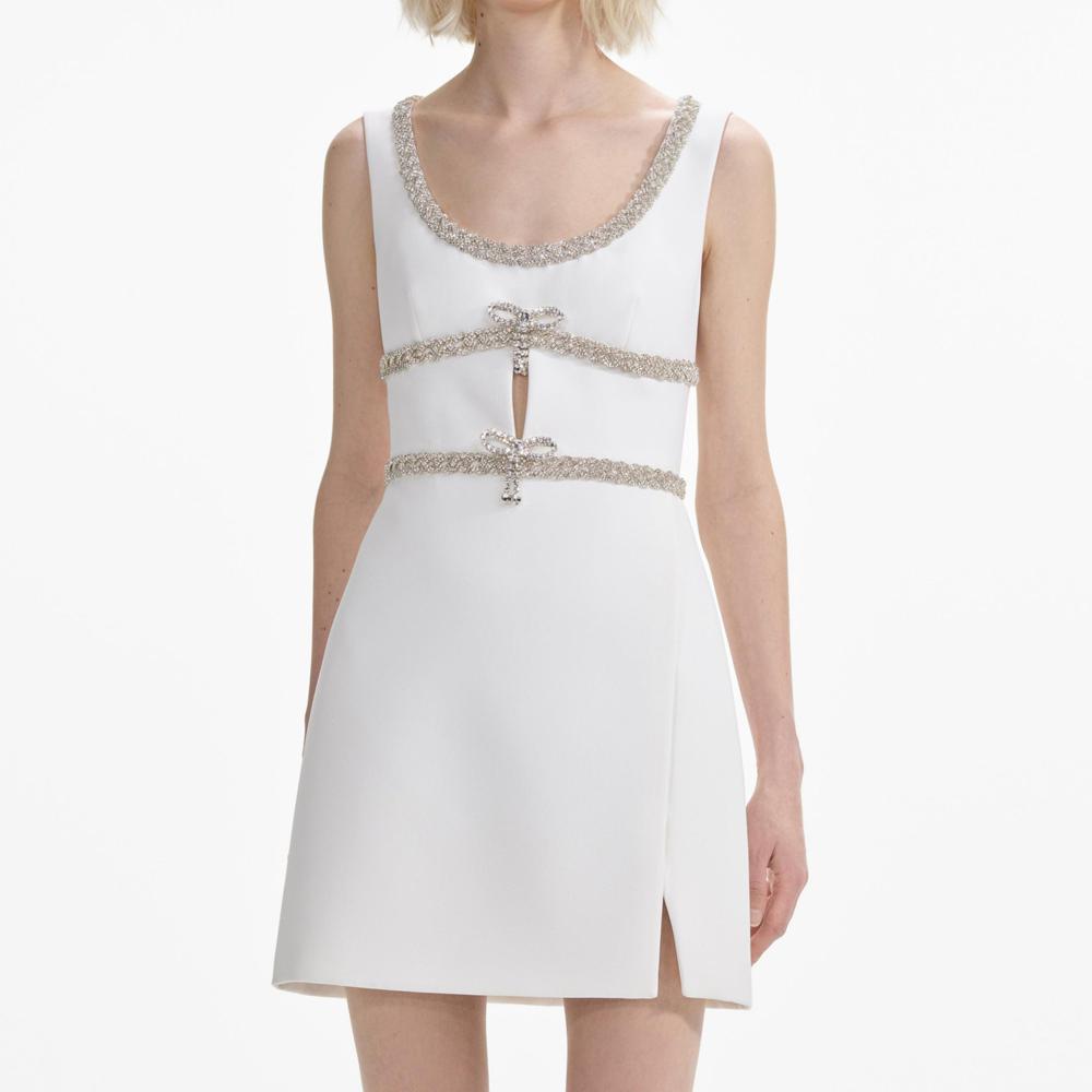 SELF PORTRAIT SS24 White Diamante Bow Trim Mini Dress