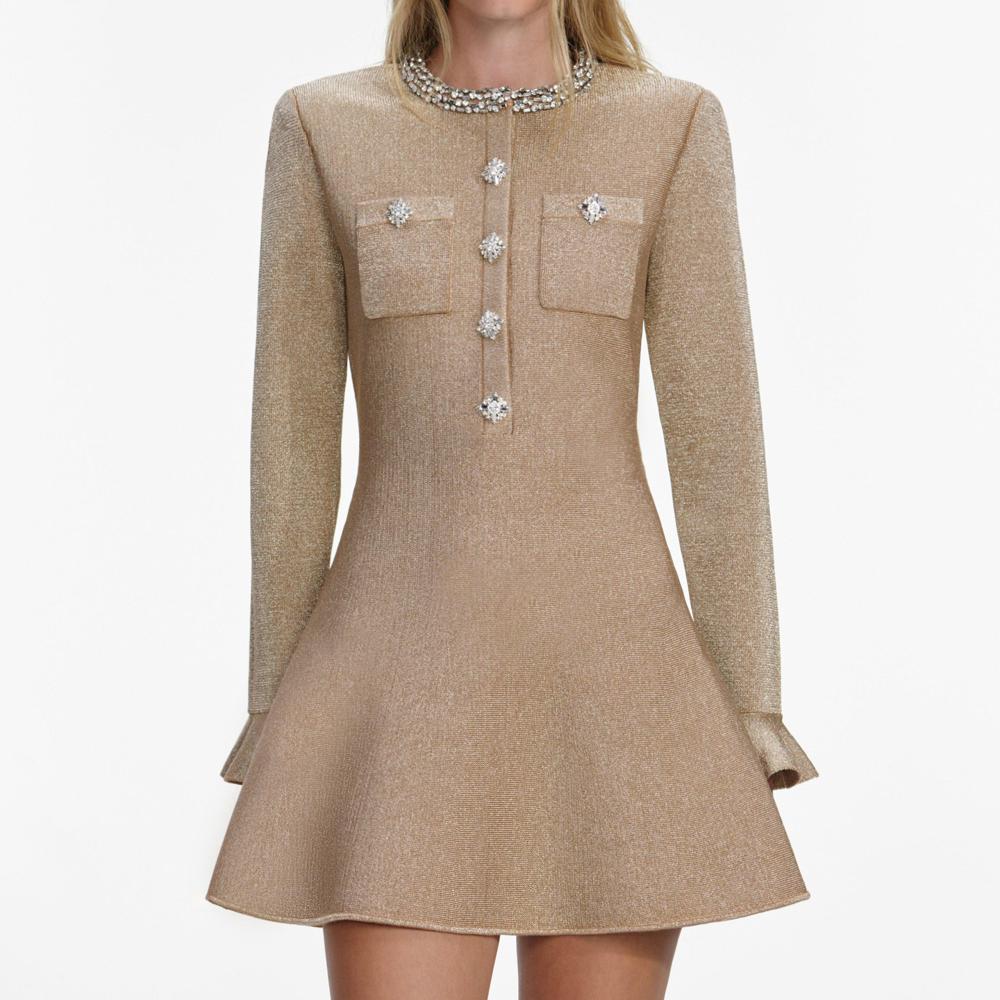 SP VIP PRICE Gold Crystal Trim Knit Mini Dress