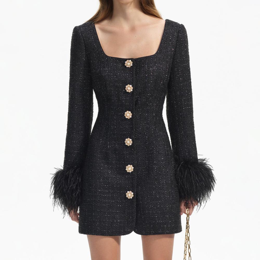 SELF PORTRAIT BLACK FRIDAY SALE Black Boucle Feather Mini Dress