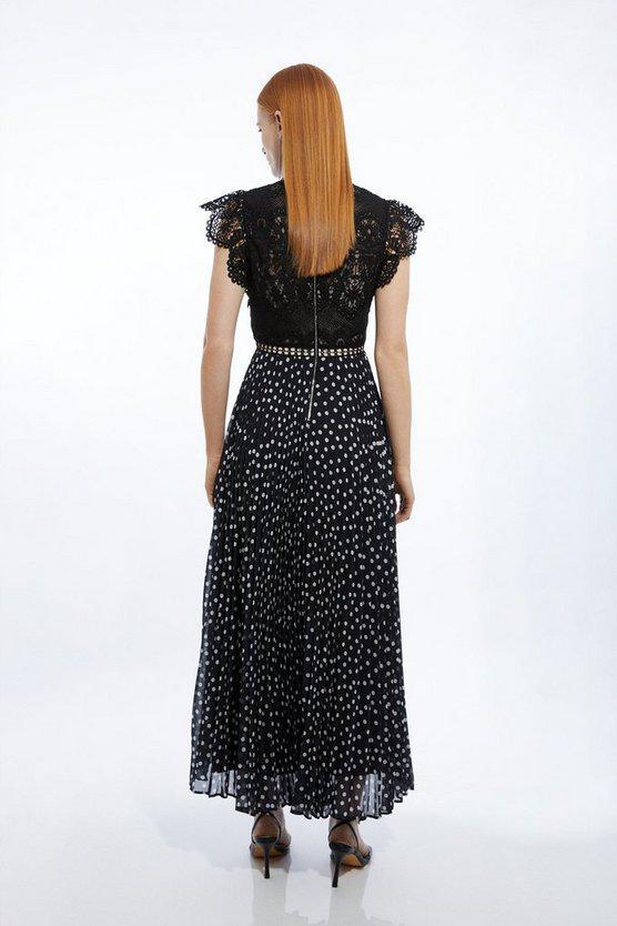 Karen Millen UK SALE Guipure Lace Dot Pleated Skirt Midi Dress - mono