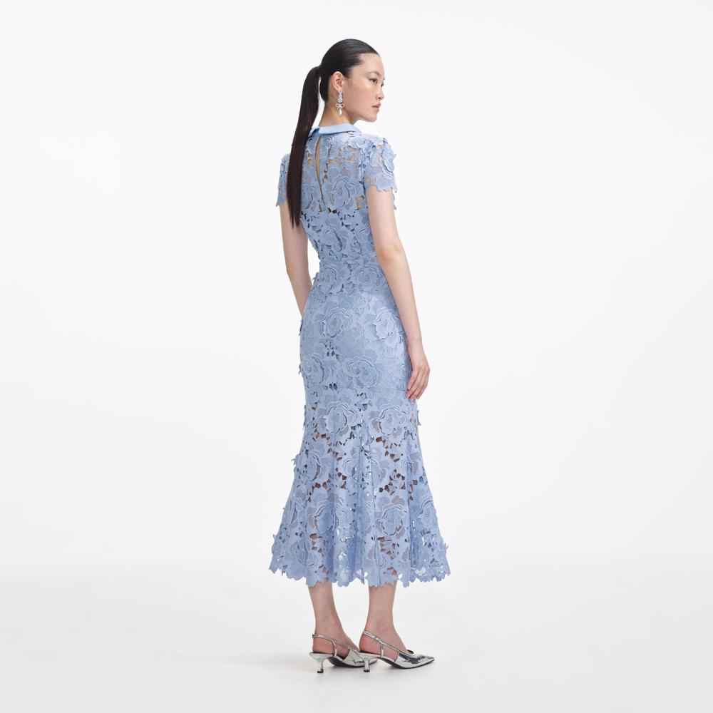 SELF PORTRAIT SS24 Blue Flower Lace Contrast Collar Midi Dress