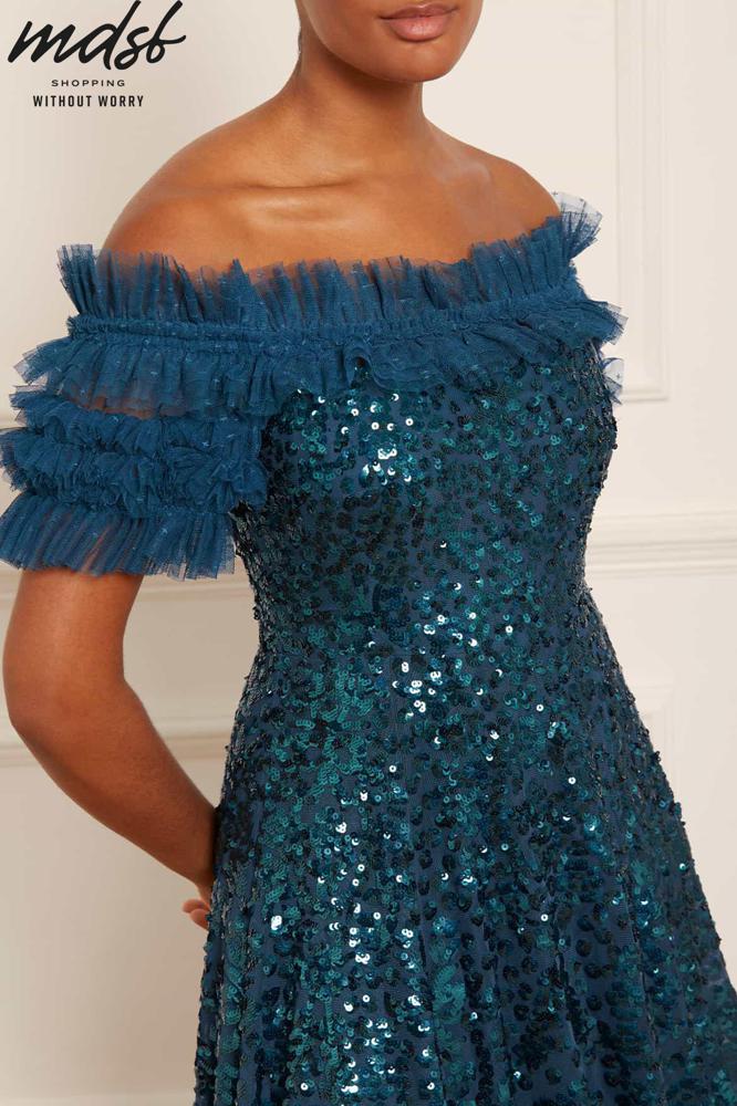 Needle & Thread CHRISTMAS SALE Sequin Wreath Off-Shoulder Gown - blue