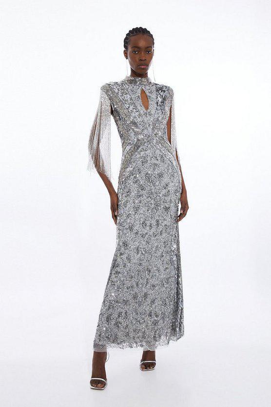 Karen Millen UK SALE Petite Embellished Beaded Cap Sleeve Woven Maxi Dress