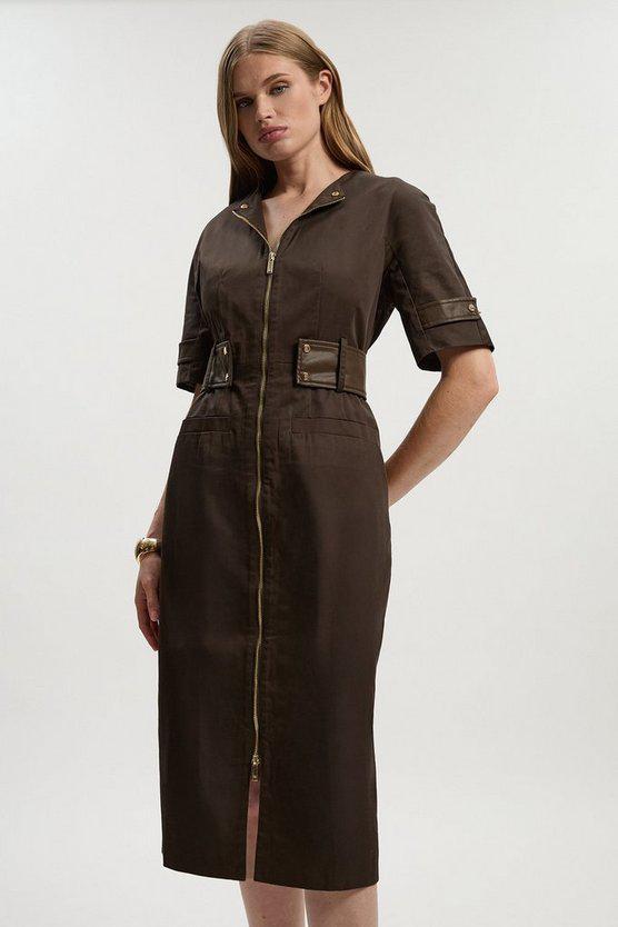Karen Millen UK SALE Cotton & Faux Leather Tab Utility Midi Dress - chocolate