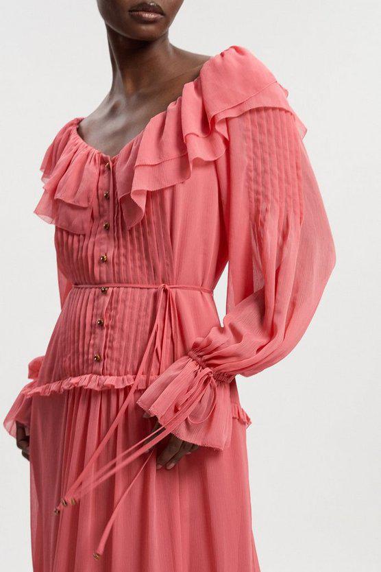 Karen Millen UK SALE Georgette Ruffle Woven Maxi Dress - coral