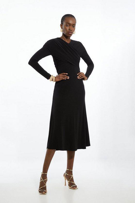 Karen Millen UK SALE Ruched Jersey Crepe Midi Dress - black