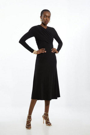 Karen Millen UK SALE Ruched Jersey Crepe Midi Dress - black