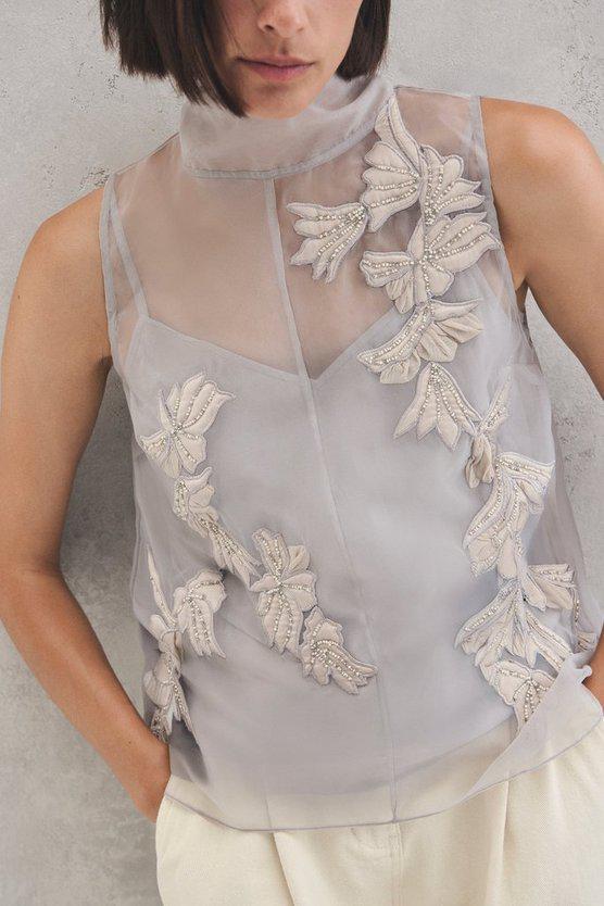 Karen Millen UK SALE Quilted Applique Organdie Woven Drape Back Blouse