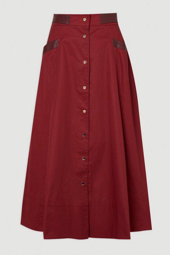 Karen Millen UK SALE Cotton & Faux Leather Tab Full Maxi Skirt - burgundy
