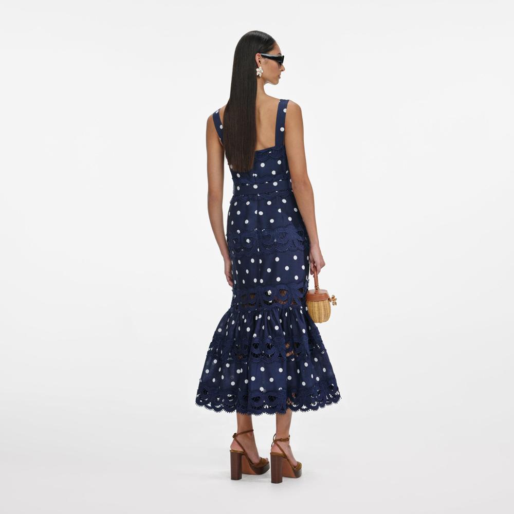 SP VIP PRICE Navy Polka Dot Linen Midi Dress