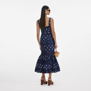SP VIP PRICE Navy Polka Dot Linen Midi Dress