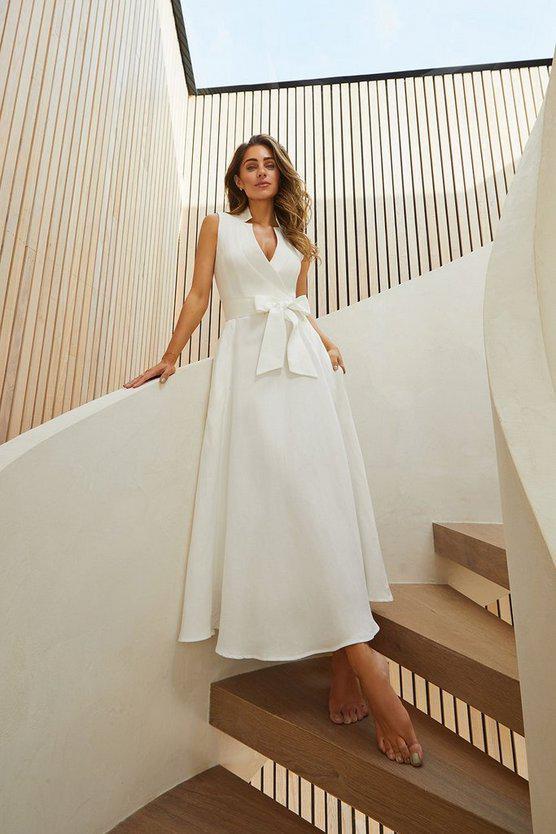 Karen Millen UK SALE Lydia Millen Linen Wrap Tie Waisted Maxi Dress - ivory