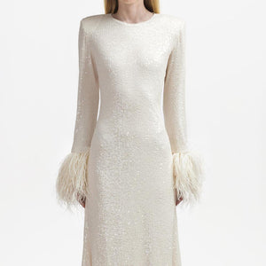 SELF PORTRAIT BLACK FRIDAY SALE Cream Sequin Feather Midi Dress