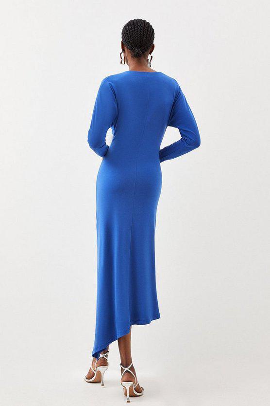 Karen Millen UK SALE Jersey Crepe Ruched Long Sleeve Midi Dress - cobalt