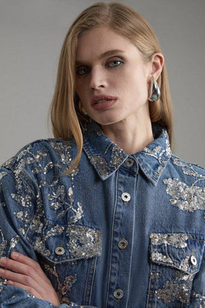 Karen Millen UK SALE Denim All Over Floral Sequin Jacket - mid blue