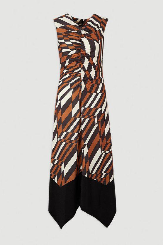 Karen Millen UK SALE Geo Printed Jersey Crepe Hanky Hem Maxi Dress