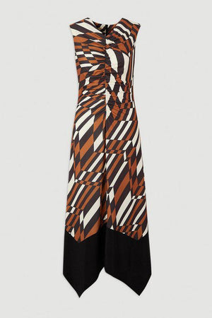 Karen Millen UK SALE Geo Printed Jersey Crepe Hanky Hem Maxi Dress